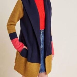 NWT FLOWER FIELD Anthropologie Color Block Hooded Cardigan Sweater 100% Wool-SM